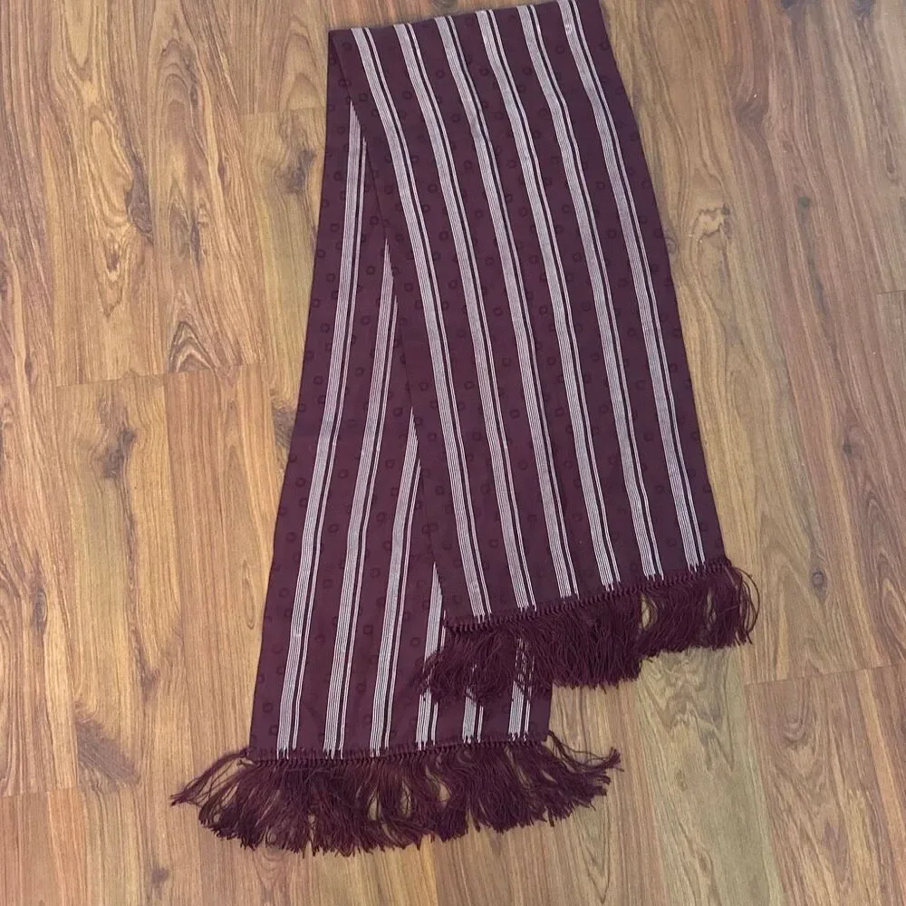 Vintage DKNY maroon cranberry striped 100% silk scarf with tassels